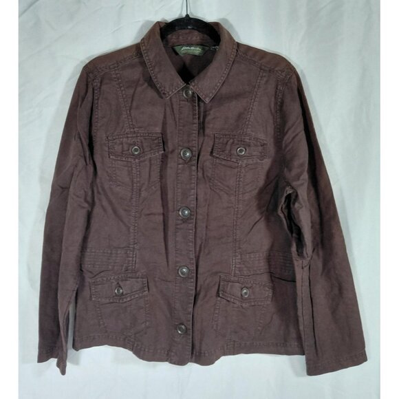 Eddie Bauer Utility Jacket Linen Cotton XL Brown Roll Tab Sleeves Lightweight - Picture 1 of 8